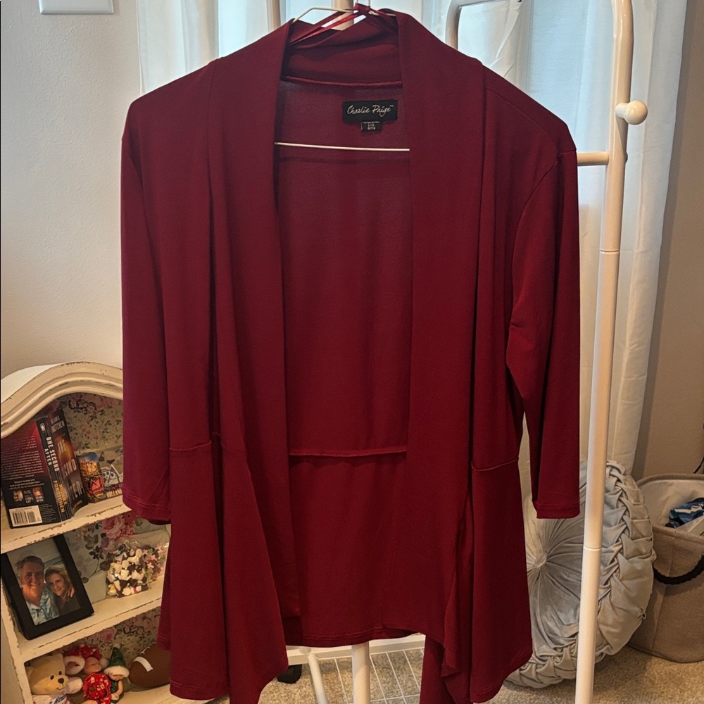 Charlie Paige Deep Red Cardigan soft 95% polyester 5% Spandex.